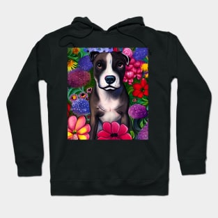Pitbull Mix Dog Puppy Whimsical Portrait Hiding in Wildflowers Secret Garden Digital Art Watercolor Painting Hoodie